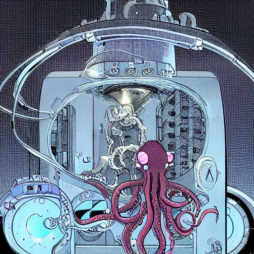 Image similar to robotic Octopus in an airlock, Industrial Scifi, detailed illustration, character portrait, by Martin Grip and Moebius