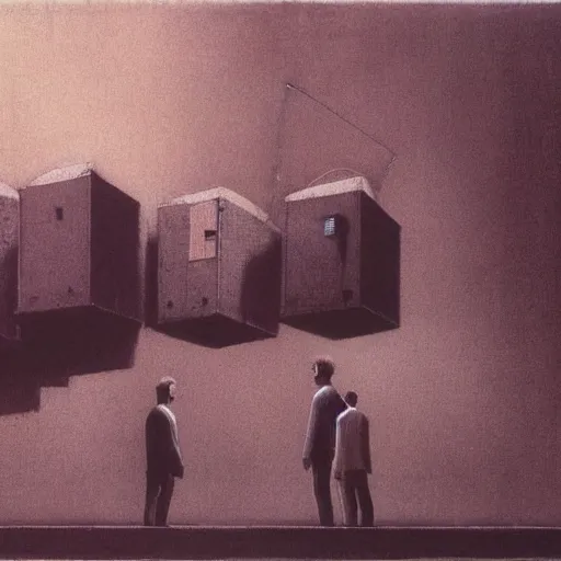 Prompt: Floating CRT monitors and business people by Beksinski