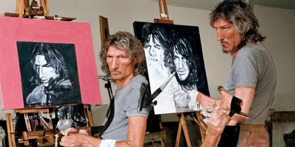 Image similar to pink floyd's roger waters, stands at his easel, painting a self portrait