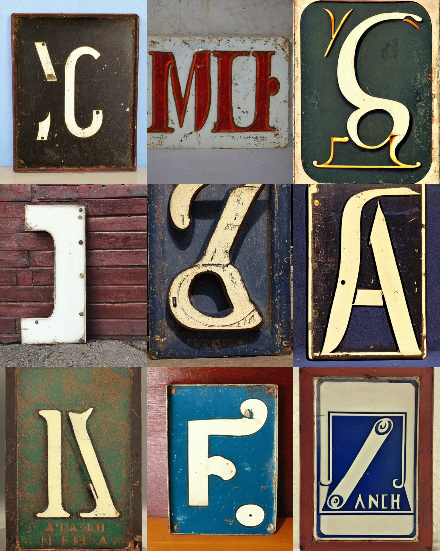 Prompt: 1 9 2 0 s enamel sign text sign of the alphabet a, b, c, d, e, f, g, h, i, j, k, l, m, n