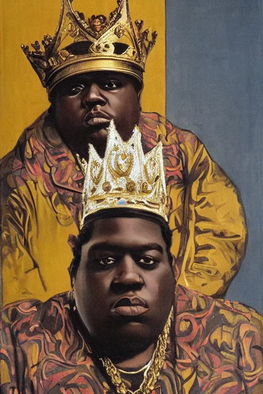 Prompt: ultra unrealistic portrait of rapper biggie smalls standing with cane and with kings crown and royal outfit, european, modern art, eclectic art, gold and colorful, illustration, by ramon casas