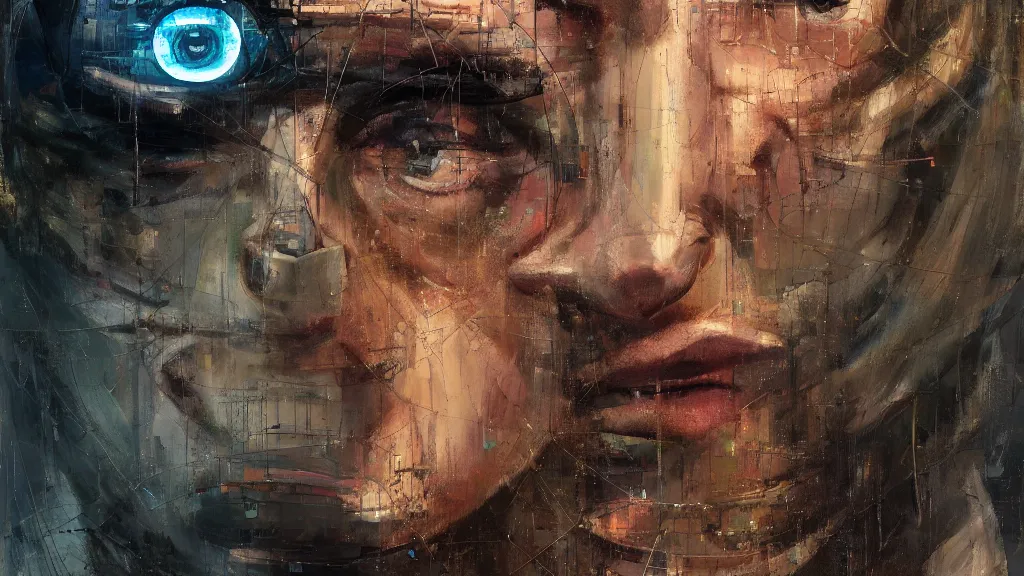 Image similar to a portrait of cyber - dog of sci fi metallic human by yoji shinkawa bright eyes, melancholic complex geometric figure liminal machinery by oskar schlemmer, moebius, john berkey, film grain, oil on canvas, portrait facial head, featured on artstation, hd wallpaper, 8 k