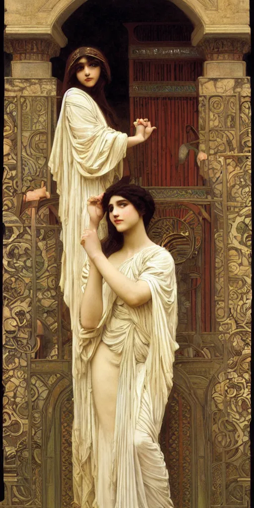 Image similar to at the gate of the temple by john william godward painted by alphonse mucha