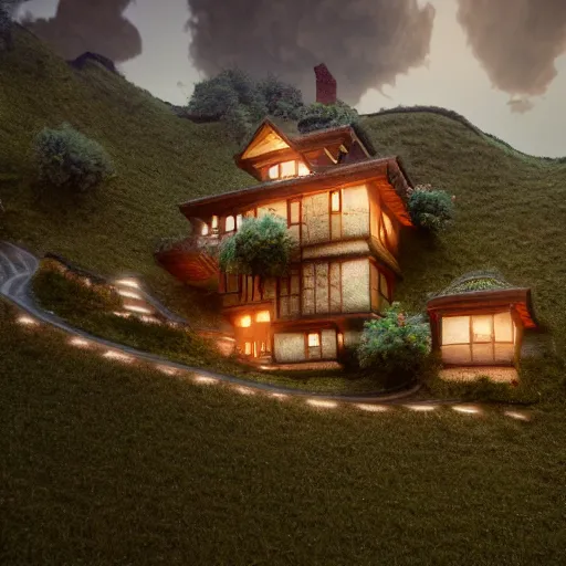 Image similar to small hillside house made of honey, modern lighting, hyper - realistic, hyper - detailed, 8 k, octane rendered, art nouveau, organic, flowing, impossible torsion, writhing, lush, dynamic