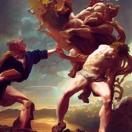 Image similar to isaac newton and leibniz fighting over calculus, detailed, centered, digital painting, artstation, concept art, donato giancola, joseph christian leyendecker, wlop, boris vallejo, breathtaking, 8 k resolution, extremely detailed, beautiful, establishing shot, artistic, hyperrealistic, octane render, cinematic lighting, dramatic lighting,