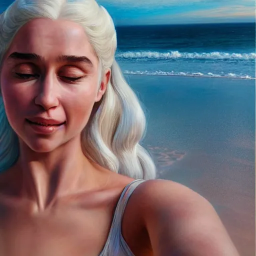 Image similar to beautiful serene intricate portrait of daenerys targaryen and hank hill taking a selfie, smiling softly, relaxing on the beach, golden hour, soft focus, 8 k, art by irakli nadar, hyperrealism, hyperdetailed, ultra realistic