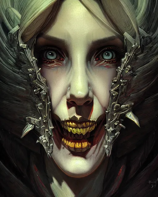 Image similar to mercy from overwatch, character portrait, portrait, close up, concept art, intricate details, highly detailed, horror poster, horror, vintage horror art, realistic, terrifying, in the style of michael whelan, beksinski, and gustave dore