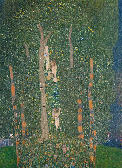 Image similar to a landscape painting of a cognitive optical illusion of trees, with four people who are trees in the foreground making extreme dynamic poses painted by gustav klimt, leonardo davinci