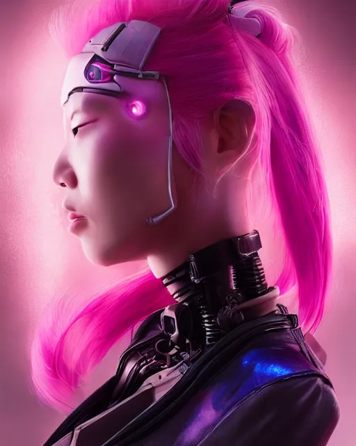 Image similar to portrait of a beautiful asian woman with pink hair as a cyberpunk cyborg half robot, sci - fi, missing panels, intricate abstract upper body intricate artwork, concept art, octane render, deviantart, cinematic, key art, hyperrealism, iridescent accents, portrait photograph, nikon 3 5 mm, photograph by greg rutkowski