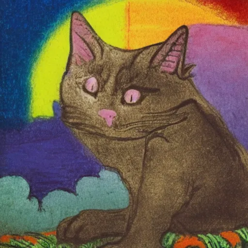 Prompt: model clay flowing rainbow cat by susan herbert and hiroshige ii and theophile steinlen and louis wain and min zhen and arthur rackham and pierre bonnard and bonnie mclean and wes wilson, 8 k, artstation