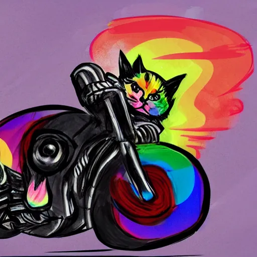 Image similar to wide angle full body, jacket wearing fluffy cute rainbow kitten wearing a black leather motorcycle jacket, riding on a motorcycle, cinematic concept art