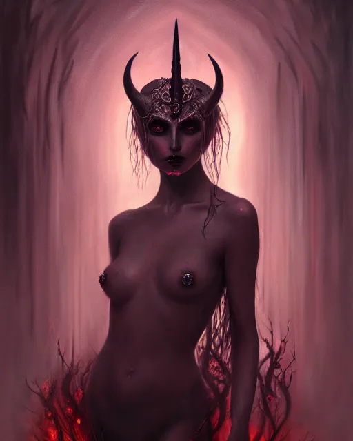 Image similar to painting of a satanic dark ritual, enigmatic beauty, esoteric, muted colors, head in focus, fantasy art, ornamental aesthetics, intricate, elegant, highly detailed hyperrealistic painting, artstation, concept art, painterly, sharp focus, illustration, art by lois royoi