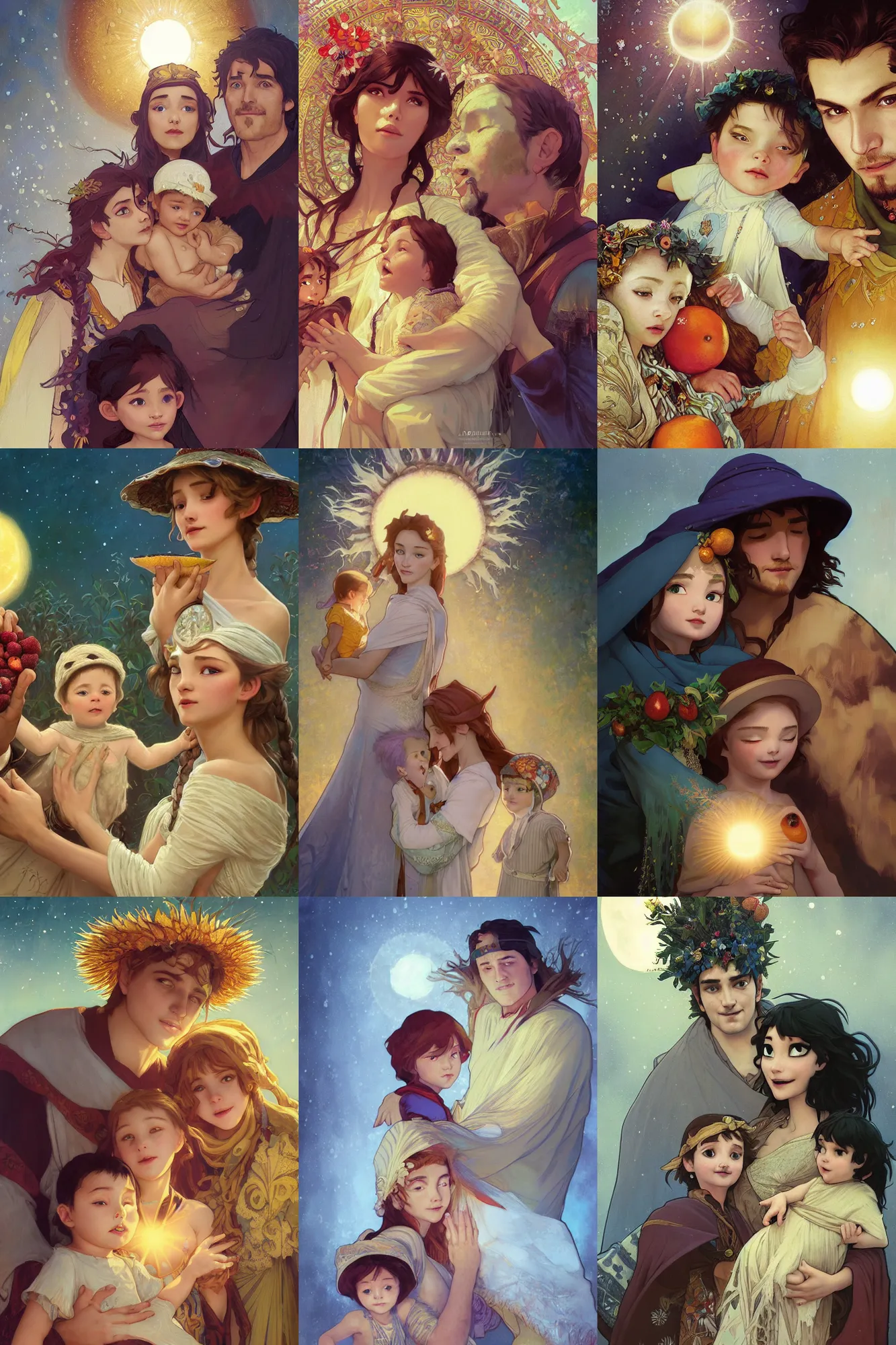 Prompt: a cinematic portrait of a beautiful family photograph close up moment of a young sun god and moon goddess magician family with child, portrait, wearing sunhat with fruit, Frozen Klaus film, digital painting, artstation, concept art, illustration, Frozen II art masterpiece by art by Krenz Cushart, Artem Demura, alphonse mucha, yoji shinkawa, ArtGerm, Jon Lothian, Danilo Torres, Adi Meyers, Thomas Reimann, Gaston Bussiere