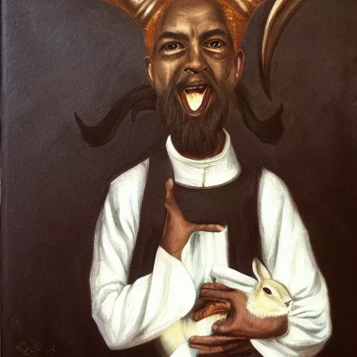 Image similar to priest holding a bunny, bunny has big fangs, priest has ram horns, oil painting