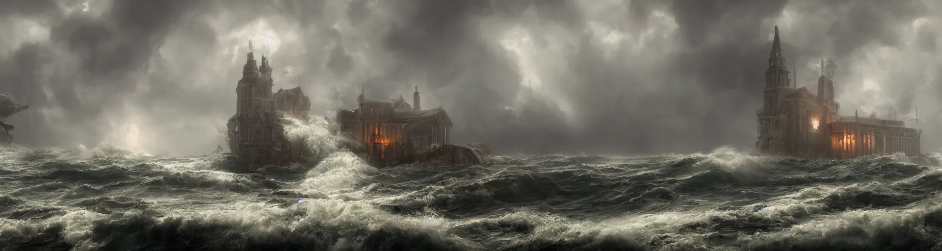 Prompt: A highly detailed matte painting of a huge pipe organ in a stormy sea in a storm, fog, rain, volumetric lighting, unreal engine 5 hd render, 8K resolution, trending on artstation