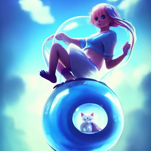 Image similar to cinematic portrait of cute Mew riding large blue bubble, oil on canvas, masterpiece, trending on artstation, featured on pixiv, cinematic composition, dramatic pose, beautiful lighting, sharp, details, hyper-detailed, HD, HDR, 4K, 8K