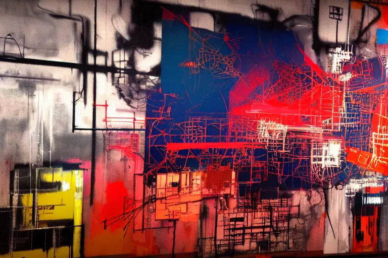 Image similar to neural industrial machines, multilayer glitch effect in spatial perceptron synapses, matte painting, 4 k, epic composition, volumetric light, abstract illusionism, by robert rauschenberg, edvard munch, jean - michel basquiat, pour paint, modern street art, grunge wall