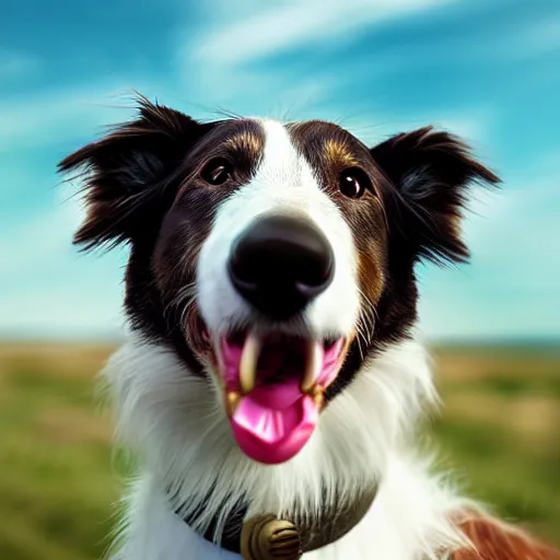 Prompt: Surrealistic digital art of a white and brown Border Collie dog with the Earth on his mouth