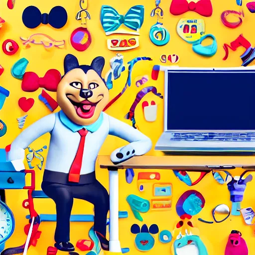 Image similar to a happy and contented cat wearing a business suit, sitting behind desk, selling insurance, disney character, cartoonish, colorful, detailed, claymation, dreamlike, felt, wes anderson