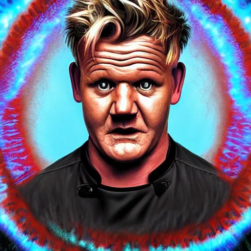 Image similar to photorealistic gordon ramsay with devil horns in the style of michael whelan. hyperdetailed photorealism, 1 0 8 megapixels, amazing depth, high resolution, 3 d shading, 3 d finalrender, 3 d cinematic lighting, glowing rich colors, psychedelic overtones, artstation concept art.