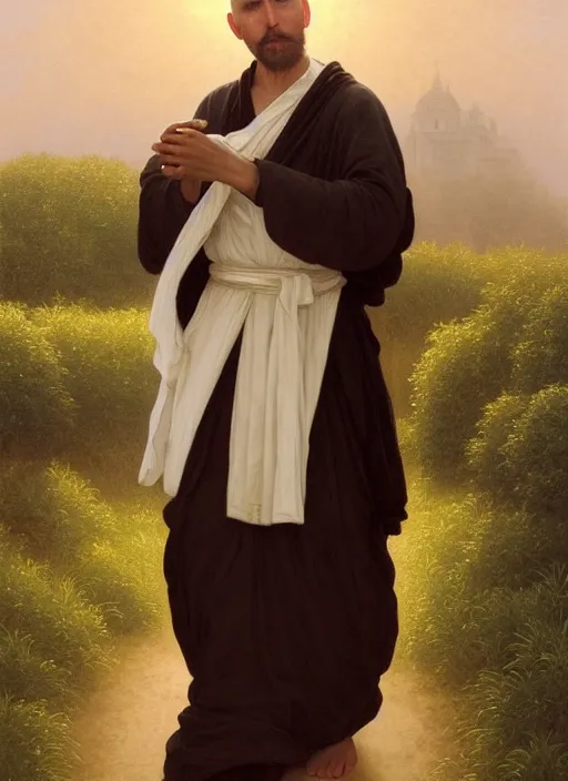 Image similar to oil painting portrait of a tonsured dominican monk in a white habit, striding dancing through a flourishing garden at sunset with a monastery in the background, hazy, digital art, chiaroscuro, artstation, cinematic, golden hour, digital art painting by greg rutkowski, william - adolphe bouguereau, hazy atmosphere, flowers, cinematic lighting