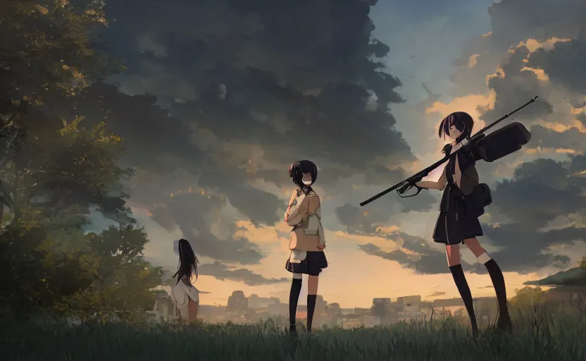 Image similar to a girl in her school uniform holding a shotgun with a cat next to her, epic apocalyptic scenery, an anime scene illustrated by Makoto Shinkai, digital art, 4k ultra