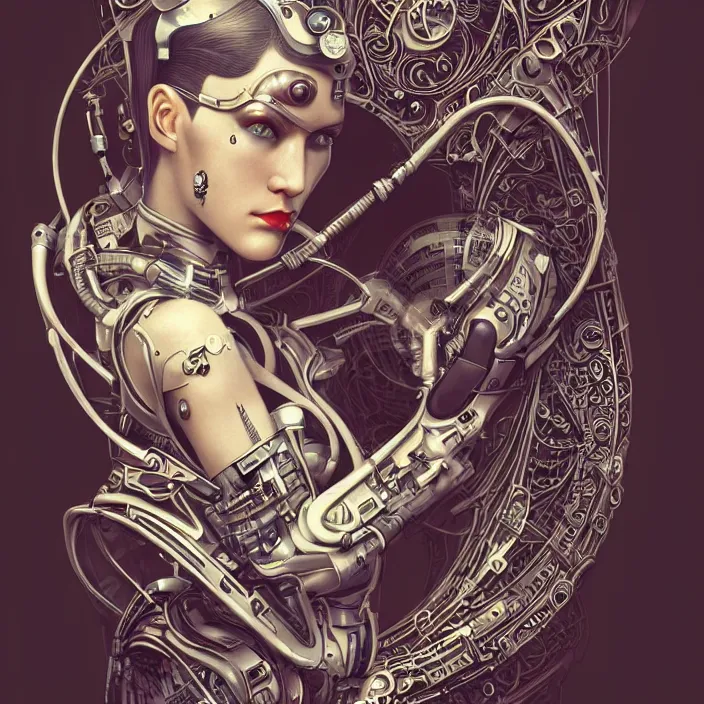 Image similar to ultra realistic illustration of a retro futuristic female cyborg punk art nouveau filgree scrollwork, masterpiece, intricate, highly detailed, sharp