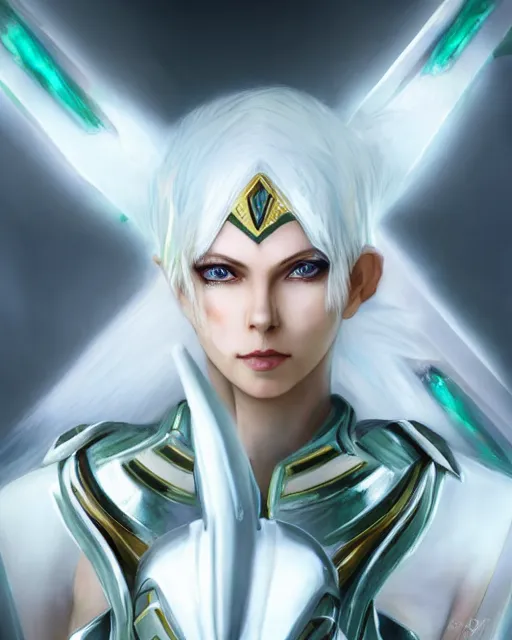 Image similar to perfect white haired attractive egyptian goddess, warframe armor, beautiful, symmetric, dreamy, half asian, pretty face, green eyes, charlize theron, detailed, scifi platform, laboratory, experiment, 4 k, ultra realistic, epic lighting, android body, illuminated, cinematic, masterpiece, art by akihito tsukushi, voidstar