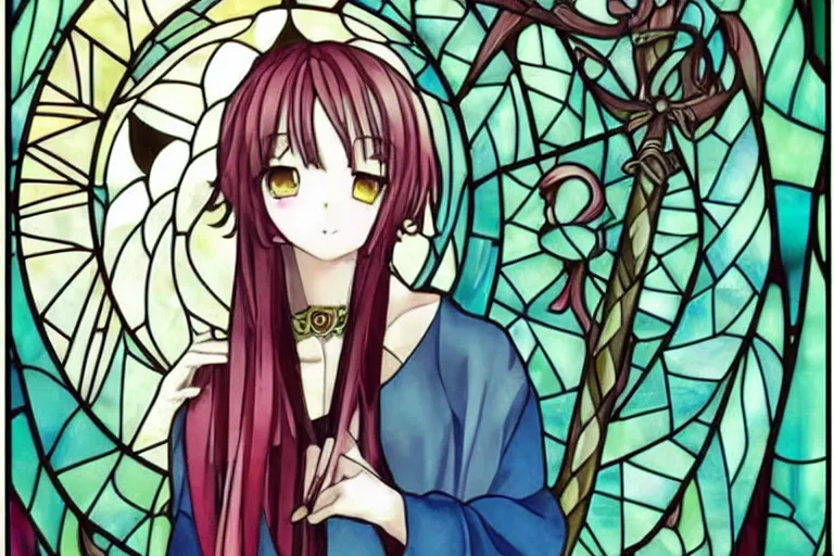 Prompt: very very beautiful cute anime girl, short neck, sword, art nouveau, stained glass window