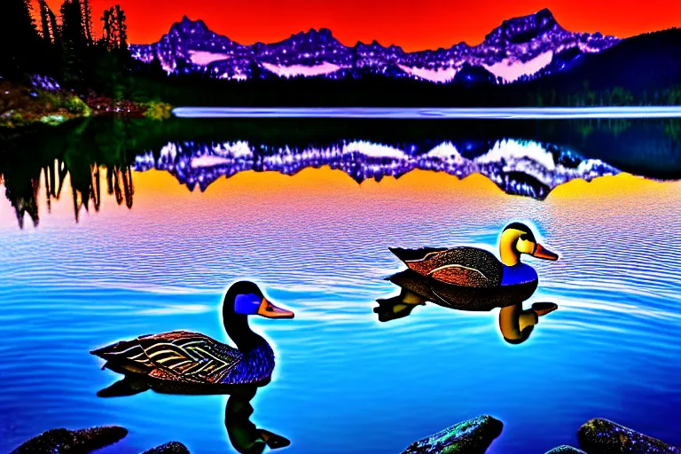 Image similar to a colorful fantasy mallard floating on an alpine lake in the mountains, cascadia, cabin, mountains, sunset by bob ross