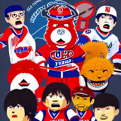 Image similar to illustration of youppi habs mascot in a gang with other nhl mascots by ilya kuvshinov katsuhiro otomo