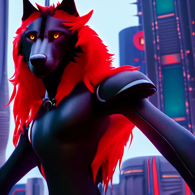 Prompt: portrait of a anthropomorphic black male wolf with red long red hair wearing futuristic clothes in a futuristic city, hyper detailed, digital art, trending in artstation, cinematic lighting, studio quality, smooth render, unreal engine 5 rendered, octane rendered, art style by pixar dreamworks warner bros disney riot games and overwatch.