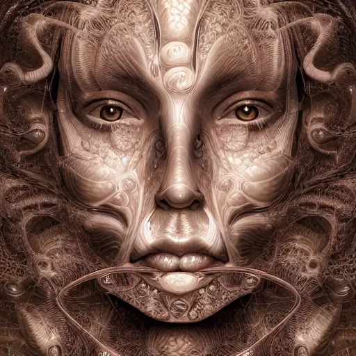 Prompt: beatifull frontal face portrait of a woman, 150mm, anatomical, mandelbrot fractal, symmetric, intricate, elegant, highly detailed, ornate, ornament, sculpture, elegant , luxury, beautifully lit, ray trace, octane render in the style of peter Gric and alex grey