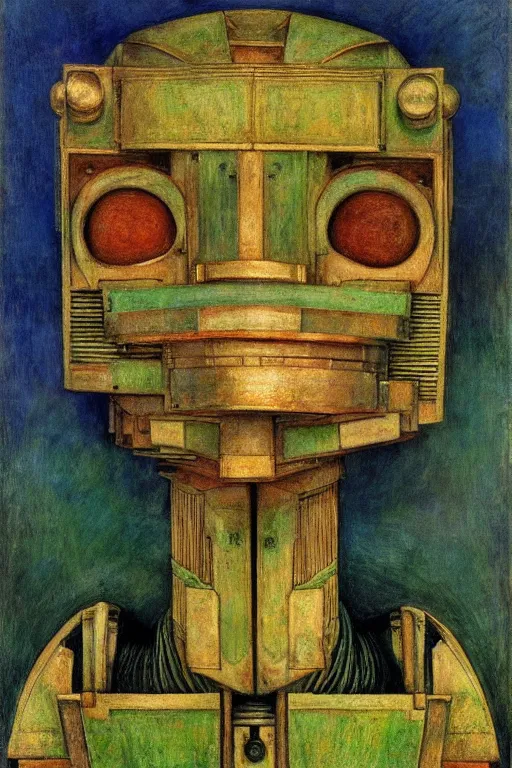 Prompt: the robot in his mechanical mask,by Annie Swynnerton and Diego Rivera, symbolist, dramatic lighting, elaborate geometric ornament, Art Brut, bioluminescent, soft blues and greens,smooth, sharp focus, extremely detailed, Adolf Wölfli