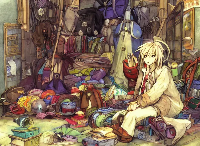 Image similar to JRPG art, a fullbody illustration of a mysterious wandering merchant sitting down wearing a large, tall backpack piled high with textiles, furs, and miscellaneous objects, in the style of yoshitaka amano