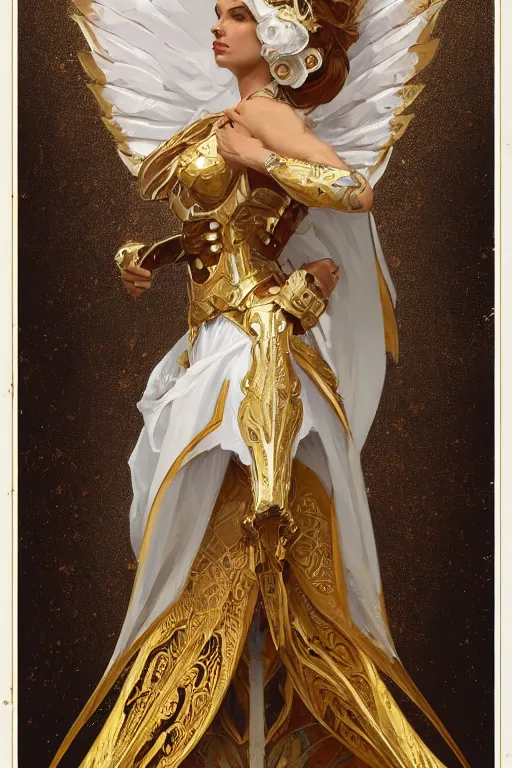 Prompt: full body portrait of a queen wearing white armor with ornate bronze and gold, white gossamer wings, art nouveau, profile, 4K, character concept art, oil painting, trending in artstation, cgsociety, by nekro, Alphonse Mucha, Artgerm, Greg Rutkowski and Craig Mullins