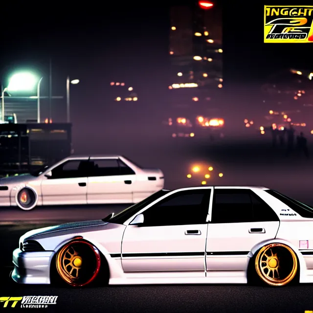 Image similar to a car JZX100 twin turbo drift at illegal car meet, Kanagawa prefecture, city midnight mist lights, cinematic lighting, photorealistic, highly detailed wheels, high detail