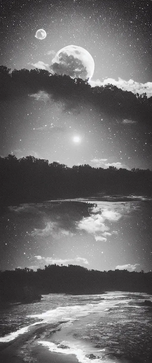 Prompt: “Moon, big rivers, stars, plains, spectacular”