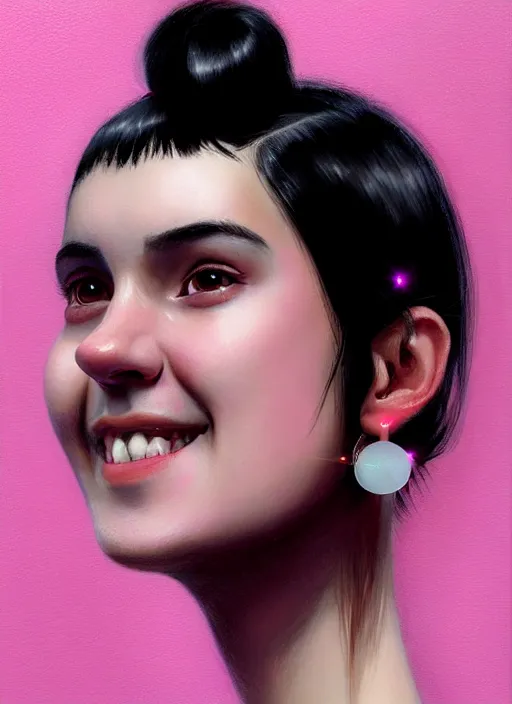 Image similar to portrait of teenage girl, realistic, black hair, bangs, half updo hairstyle, pointy nose, skinny, smile, ugly, defined jawline, big chin, pink hair bow, earrings, intricate, elegant, glowing lights, highly detailed, digital painting, artstation, sharp focus, illustration, art by wlop, mars ravelo and greg rutkowski