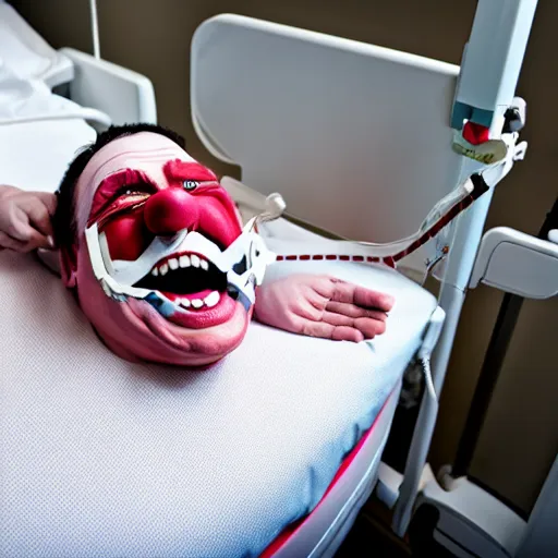 Image similar to confused laughing clown lying in hospital bed with wrist restraints on, restraint fabric straps attached to hospital bed, photograph, 8 k