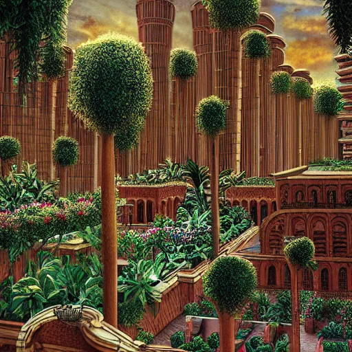 Prompt: Gardens of Babylon in city, hyper realism, intricate, elegance