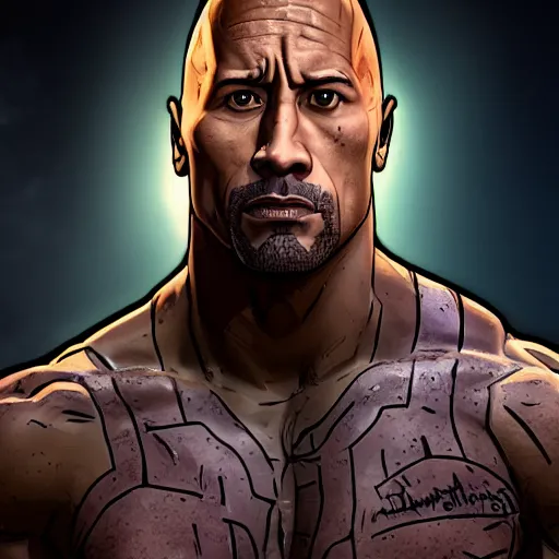 Image similar to dwayne douglas johnson portrait, borderlands, tales from the borderlands, the wolf among us, comic, cinematic lighting, studio quality, 8 k