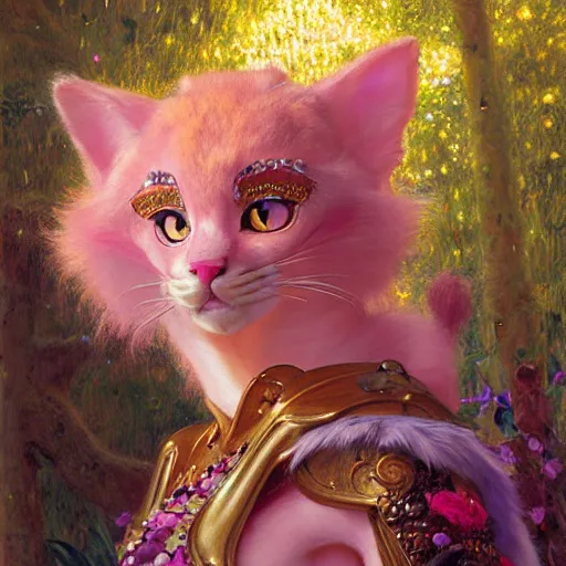 Prompt: a portrait of a female pink cat wearing ornate plastic armor at night in a dark forest. zootopia fursona furaffinity furry art detailed face painting by gaston bussiere craig mullins jc leyendecker gustav klimt artgerm greg rutkowski furry