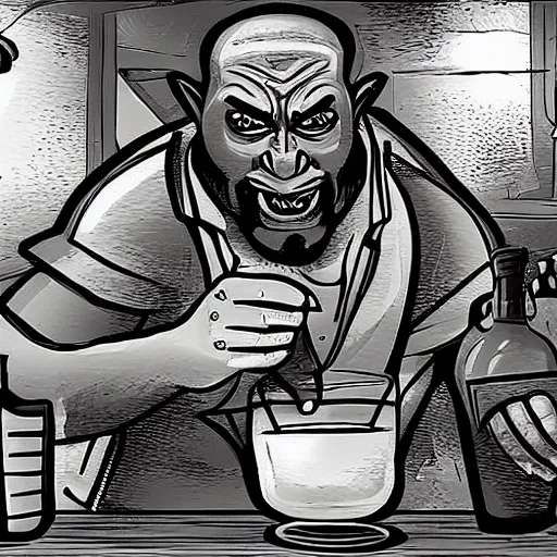 Prompt: detailed digital art of an orc bartender mixing cocktails in a upscale bar