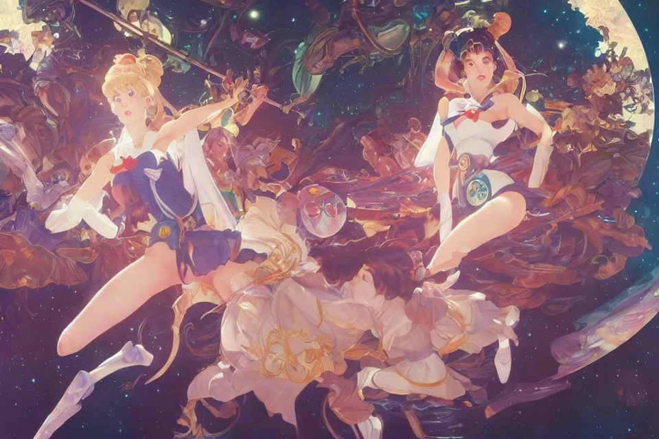 Prompt: Ultra realistic illustration, full body sailor moon at a sausage party, sci-fi, fantasy, intricate, elegant, highly detailed, digital painting, artstation, concept art, smooth, sharp focus, illustration, art by artgerm and greg rutkowski and alphonse mucha