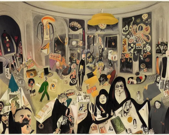 Image similar to the horror of beaurocracy, papers, horror, desks, office, waiting, stress, frustration, anger, crowded, harsh cinematic lighting, high qulity, 4 k, by charles addams and hilma af klint and affandi