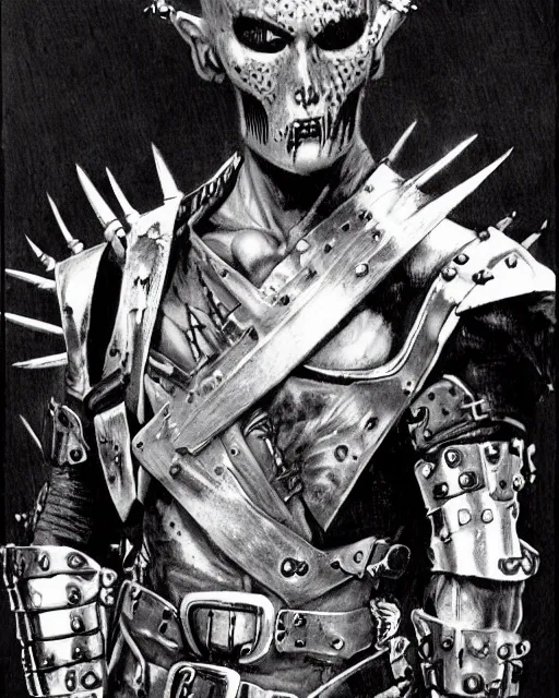 Image similar to portrait of a skinny punk goth tony todd wearing armor by simon bisley, john blance, frank frazetta, fantasy, thief warrior