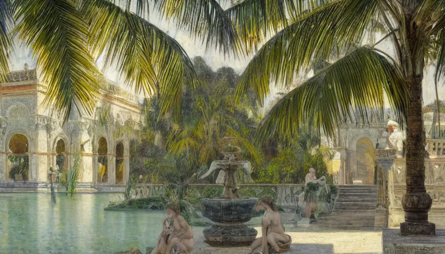 Image similar to a ultradetailed beautiful painting of an old fountain in the amazonas palace balustrade designed by jules bastien - lepage, tarsila do amaral, frank weston and gustave baumann, beach, trending on artstation, mediterranean, palm trees, sharp focus, soft light, 8 k 4 k