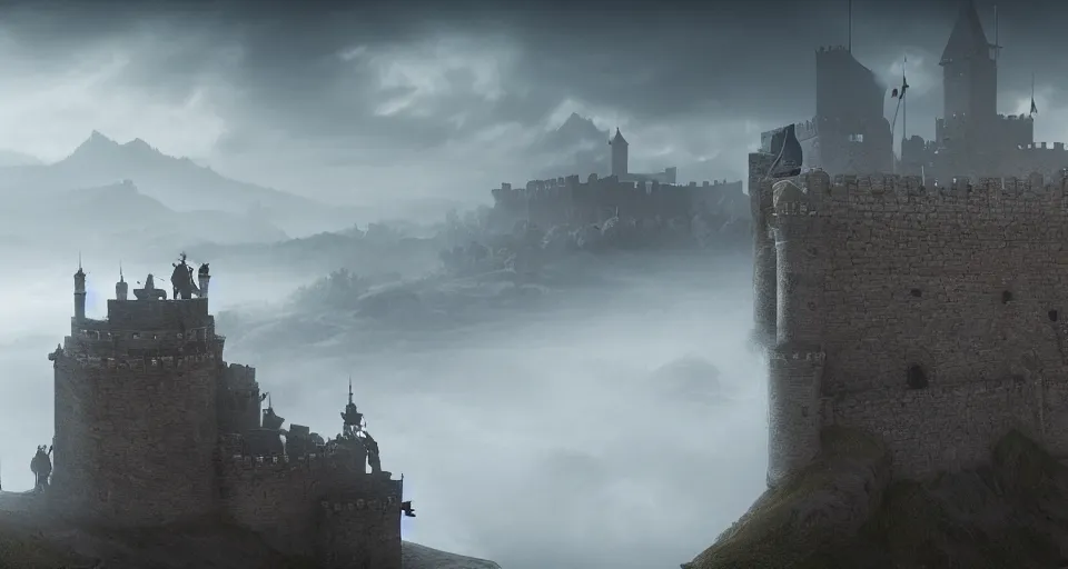 Image similar to ten medieval soldiers atop a castle wall looking over a vast medieval kingdom rule by an evil king. it is a quiet morning. mist, epic, cinematic, volumetric lighting, fantasy style, highly - detailed, unreal 5, realism