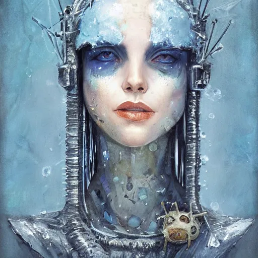 Prompt: Thermalcore a demonic Frigid Robotic whilst wearing Crown Of Icicles lawyer Karen Balsamund portrait portrait Face eyes Wearing Snickerdoodles on her Calves in July Intaglio Brushstrokes by tom bagshaw Anato Finnstark Ismail Inceoglu Vibrant Shades of Blue and Aquamarine Acrylic